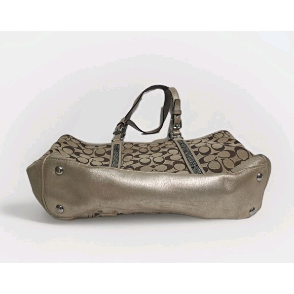 Coach Signature C Khaki Tote Jacquard Beaded Shoulder Bag Gold Brown F05J-8K52 - Picture 4 of 13